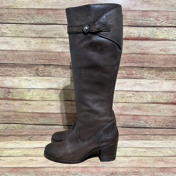Frye Brown Leather Malorie Tall Heeled Boots - Picture 1 of 11
